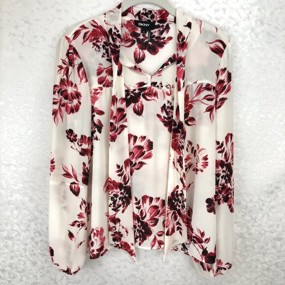 DKNY Floral Cream & Pink Long Sleeve Sheer Bow Tie Front Pullover Blouse Size PM - Picture 2 of 13